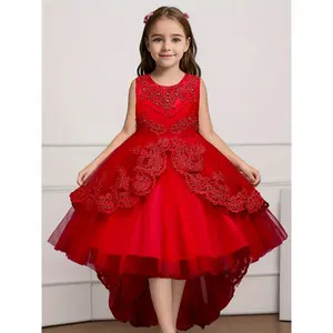 [Princess |     Elegant] Red Beaded Elegant Girls' Princess Dress |     Sleeveless Viscose/Polyester Blend |     Perfect for Parties & Weddings