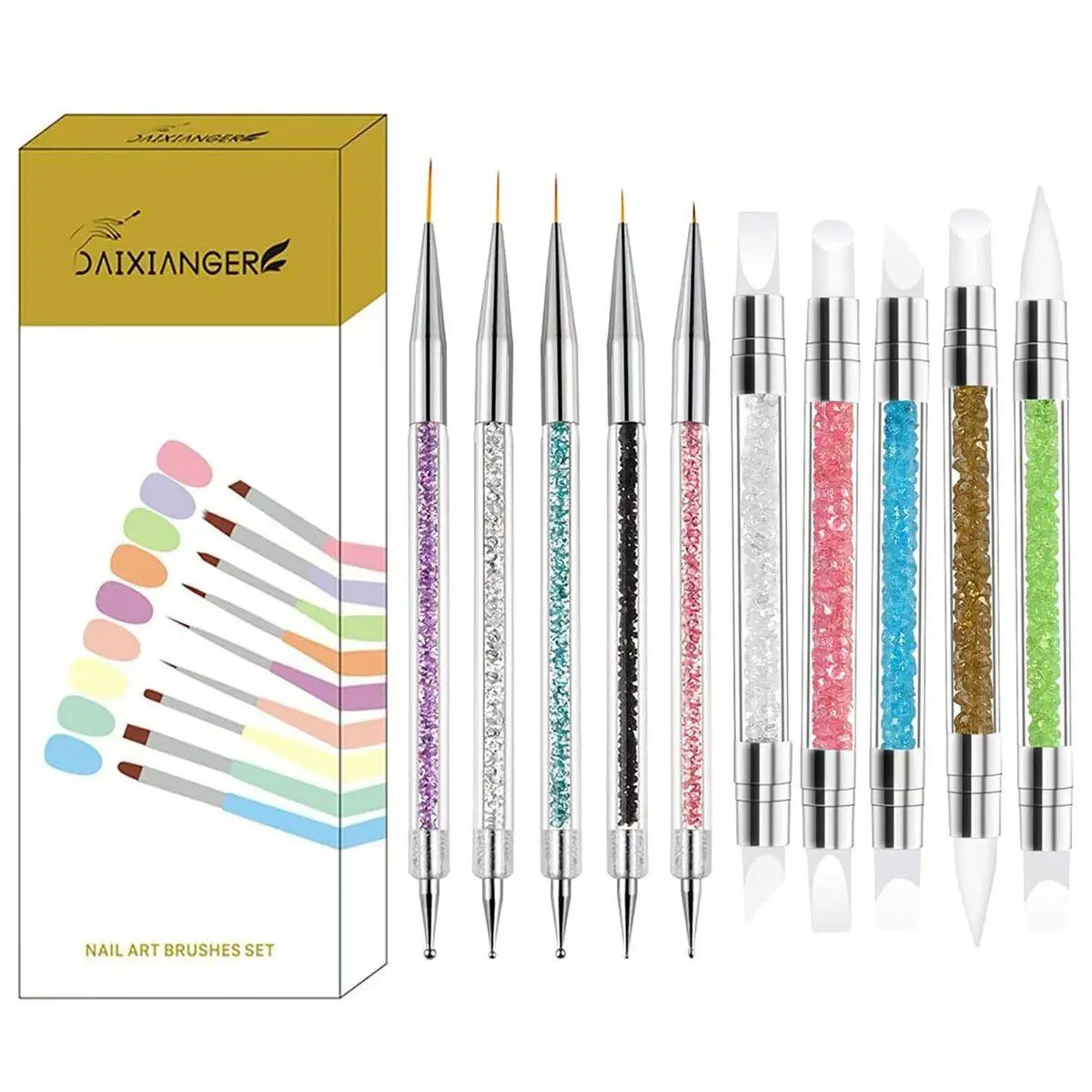 10Pcs Rhinestone Handle Double-Ended Nail Art Tool Set - Ultra-Fine Liner Brush, Metal Dotting Pen & Silicone Embossing Tool Kit for Gel Polish Manicure & DIY Nail Art