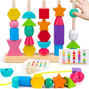 Wooden Shape Sorter Toy Set Stacker Blocks, 1 Set Colorful Beads Sorter Toys with Cards, Creative Learning Toy for Home Nursery Use