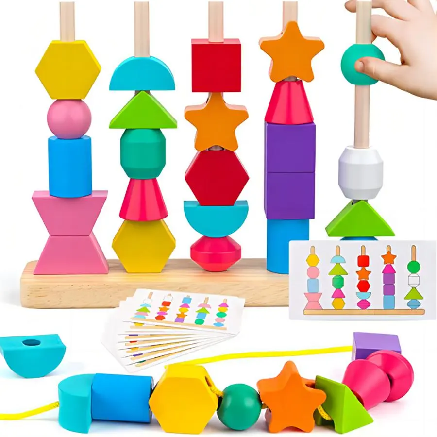 Wooden Shape Sorter Toy Set Stacker Blocks, 1 Set Colorful Beads Sorter Toys with Cards, Creative Learning Toy for Home Nursery Use