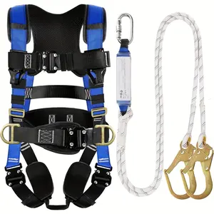 [Durable Safety Harness Kit] 4 Quick Buckles Dianzi Men's Full Body Safety Harness Kit - Durable Black & Blue Construction Vest with Adjustable Straps and Rope Lanyard for Work & Roofing Projects
