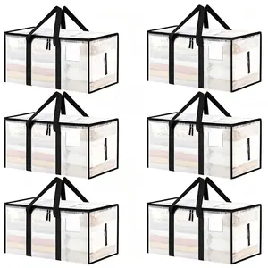 Set of 6 large-capacity, transparent, thick plastic foldable storage bags with hinged lids—sturdy, durable organizers ideal for home, camping, travel, attic storage, dorm rooms, and moving