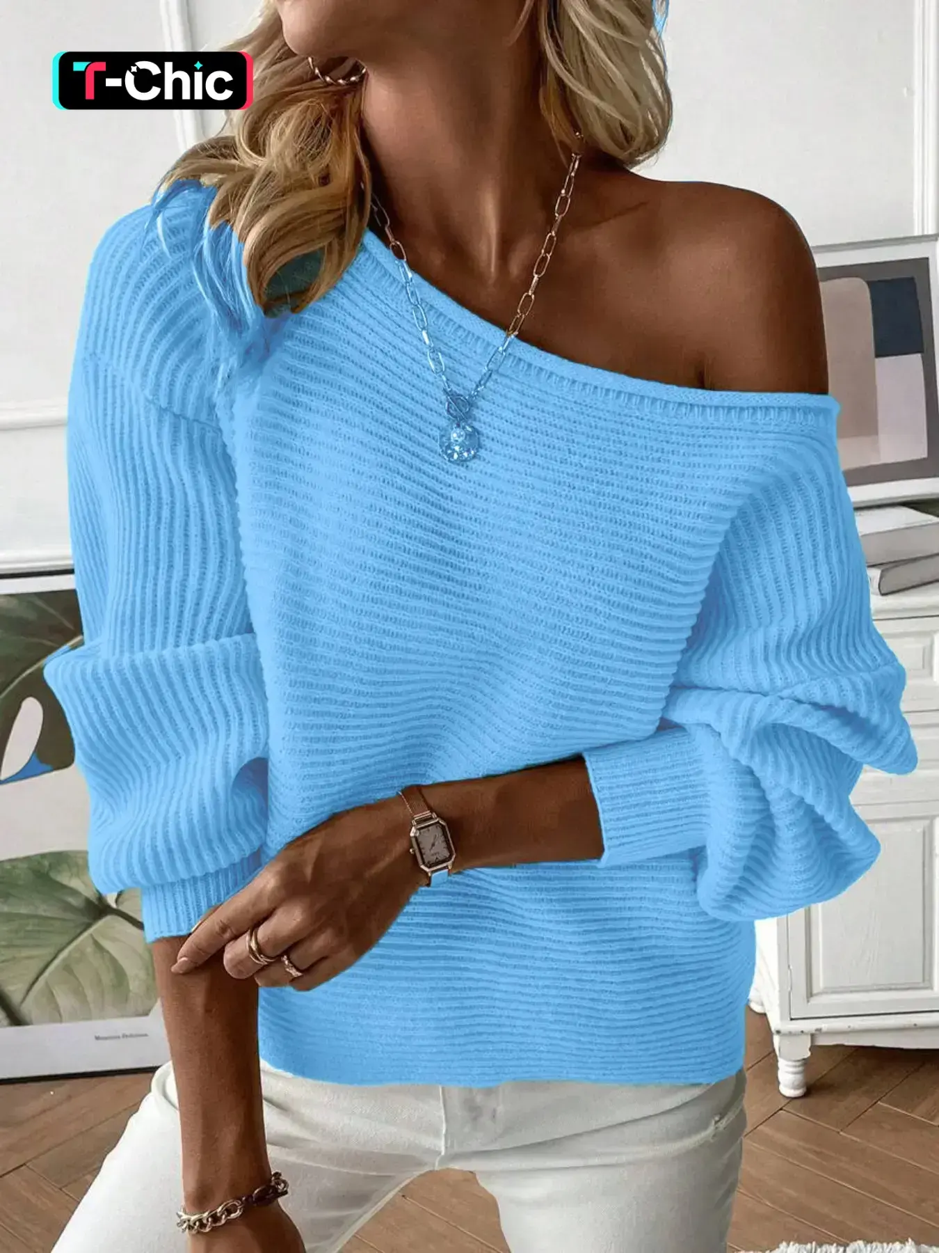 Solid Color V-neck Ribbed Loose Drop Shoulder Asymmetrical Crop Top Batwing Sleeve Knitwear Sweater, Womenswear