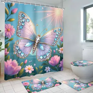 Butterfly & Flower Pattern Bathroom Accessories, 4 Counts/set Including Waterproof Shower Curtain & Toilet Lid Cover & Bathroom Mat & U-shaped Mat with 12 Hooks, Bathroom Decor Supplies