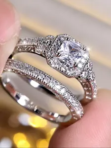2PCS Casual Rings for Women Synthetic Zirconia Engagement Wedding Bridal Set Rings Jewelry Ring Set for All Seasons, Perfect Gift for Women & Girls, Daily Wear Accessories, Cubic Zirconia Solitaire