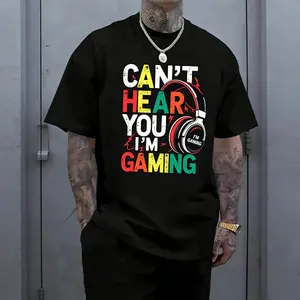 Men’s “Can’t Hear You I’m Gaming” graphic T-shirt with headphone print, soft cotton blend, perfect for gamers, streamers, casual streetwear, and everyday gaming outfits.