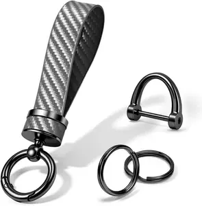 Premium Grey Carbon Fiber Leather Car Keychain with Anti-Lost D-Ring, Automotive Interior Cars Accessories for Key Fobs, Key Ring