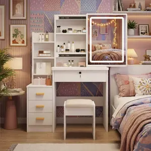 Vanity table set, makeup desk with LED lighted mirror and 4 drawers, dressing table with adjustable three-color lighting, makeup table with mirror and stool, bedroom vanity table with shelves (white)
