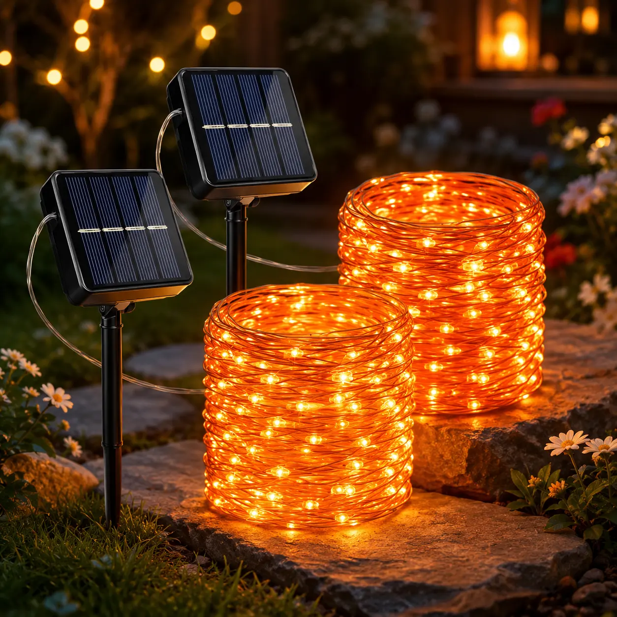 LUMOSCAPE 2-Pack 400 LED Solar Fairy String Lights Orange, 72FT Waterproof Copper Wire Lights with 8 Modes, Outdoor Halloween Lights for Porch Garden Patio Party Decor