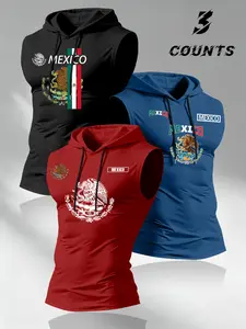 Men's 3-Piece Mexican Theme Graphic Hoodie Set, Casual Sleeveless Tank Tops, Comfortable Daily Wear, Perfect Gift for Patriotic Fans, Casual Sporty Hoodies