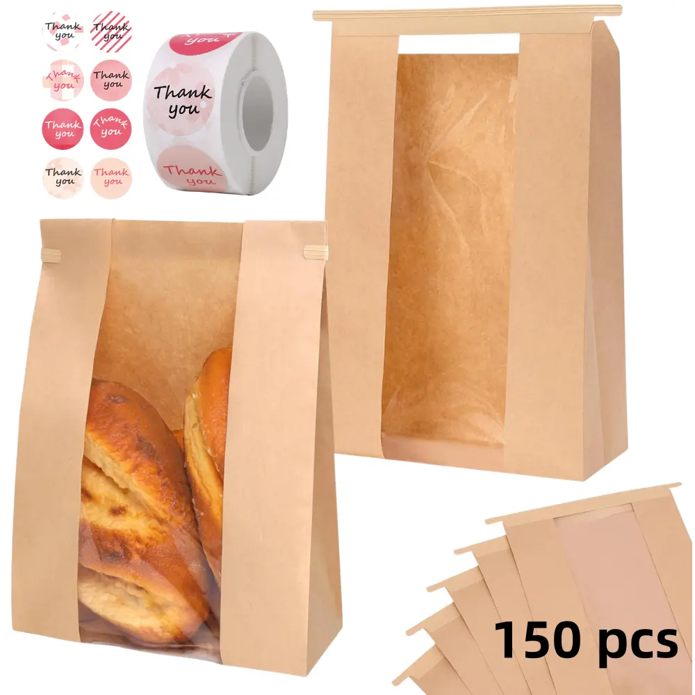 150 pieces kraft paper baking bread bag set, with 1 roll of stickers, transparent window and wire seal, suitable for sourdough bread, toast, sandwiches, suitable for home baking and bakeries