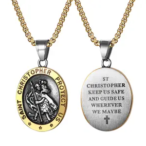 OIDEA Men's Engraved Polished Gold Stainless Steel St. Christopher Pendant - Catholic Religious Medallion, Traveler Protection Amulet, Men's Necklace Gift summerwins