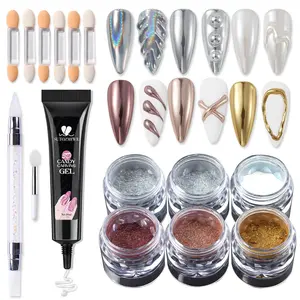 Chrome Nail Powder & 3D Sculpting Gel Kit Metallic Mirror Glitter Effect 6 Jars Holographic Iridescent Dip Dust Powder for DIY Nail Art
