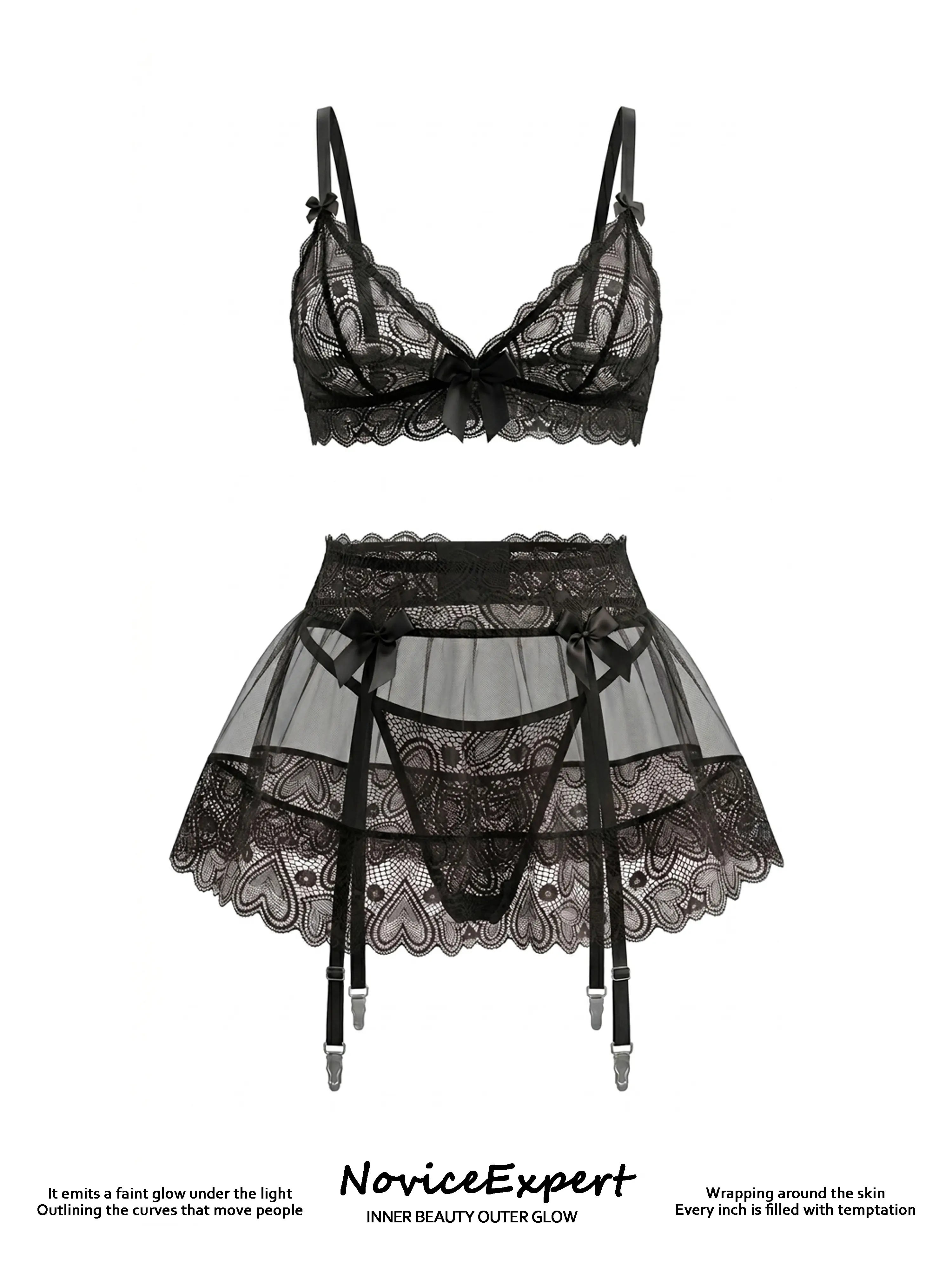 Women's Floral Lace Lingerie Set, 5 Piece Wireless Bra Set with Mini Skirt and Fishnet Stockings Included, Romantic Nightwear
