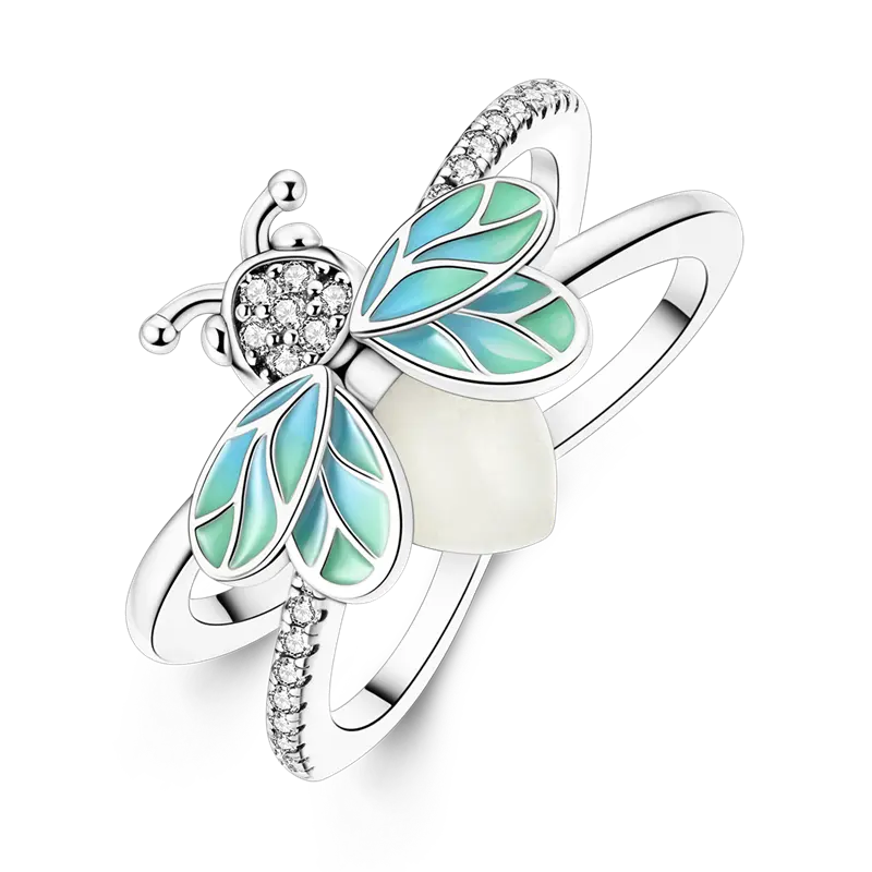 MULA Glowing Firefly Ring | S925 Silver-plated, Glowing Beads, Zircon, and Color-Changing Enamel | Fluorescent Jewelry Inspired by Insects | The Perfect Gift for Nature Lovers, Zirconia, Rings For Women