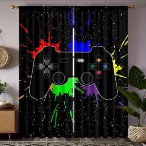 2-piece set of colorful game console controller printed semi transparent curtains, pole bag curtains, suitable for living room, bedroom, and home decoration, hand washable, hook free