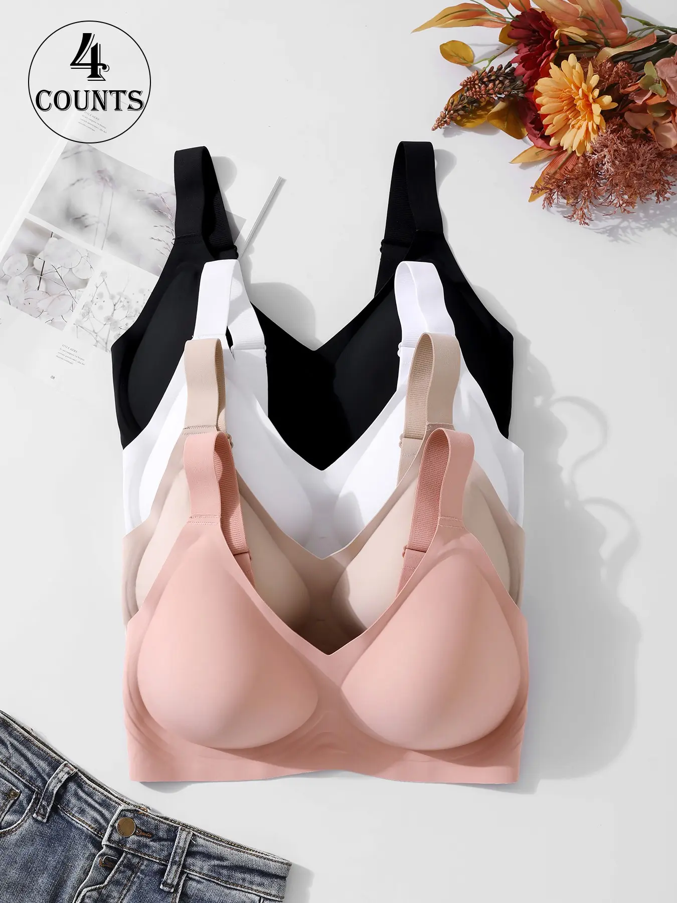 4 Pack Plus-Size Women's Seamless Jelly Bras, Elastic Push-Up Bras, Four Rows of Four Hooks, 0XL-4XL Sizes, Adjustable Straps, Suitable for Daily Wear and Yoga, Comfortable Breathable and Skin-friendly Fabric, Non-Wire Bras, Underwear