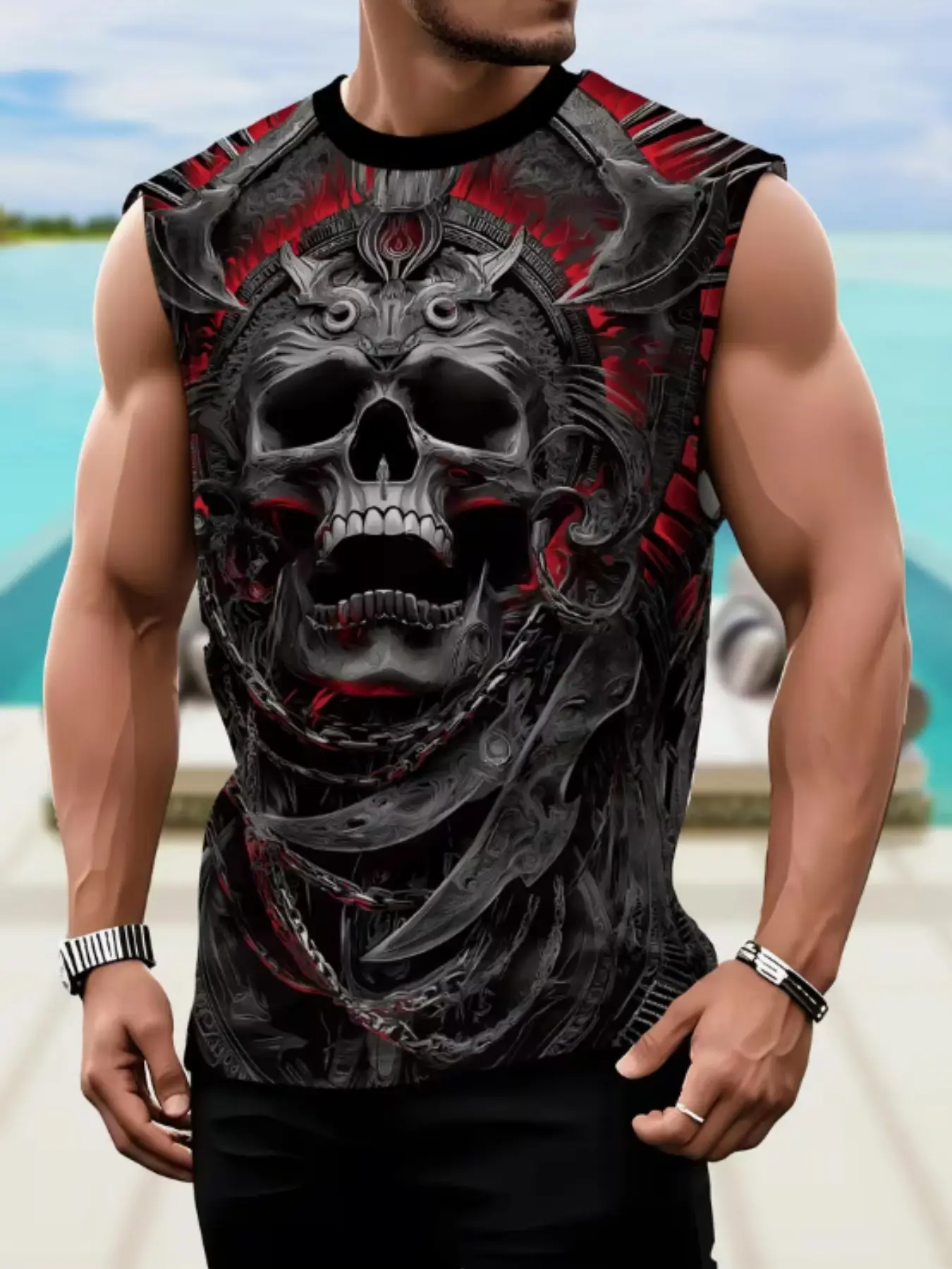 Men's Sleeveless Vest, 3D Dark Mechanical Skull Print, Casual Breathable Design, Fashionable Tropical T-Shirt for Summer, All-Season Fitted Design, Fashionable Top