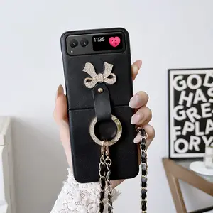 PU leather bow tie phone case with rhinestone ring buckle, comes with a crossbody strap, hard PC back plate protective phone case suitable for Motorola Razr 2023/Razr 40 Cover