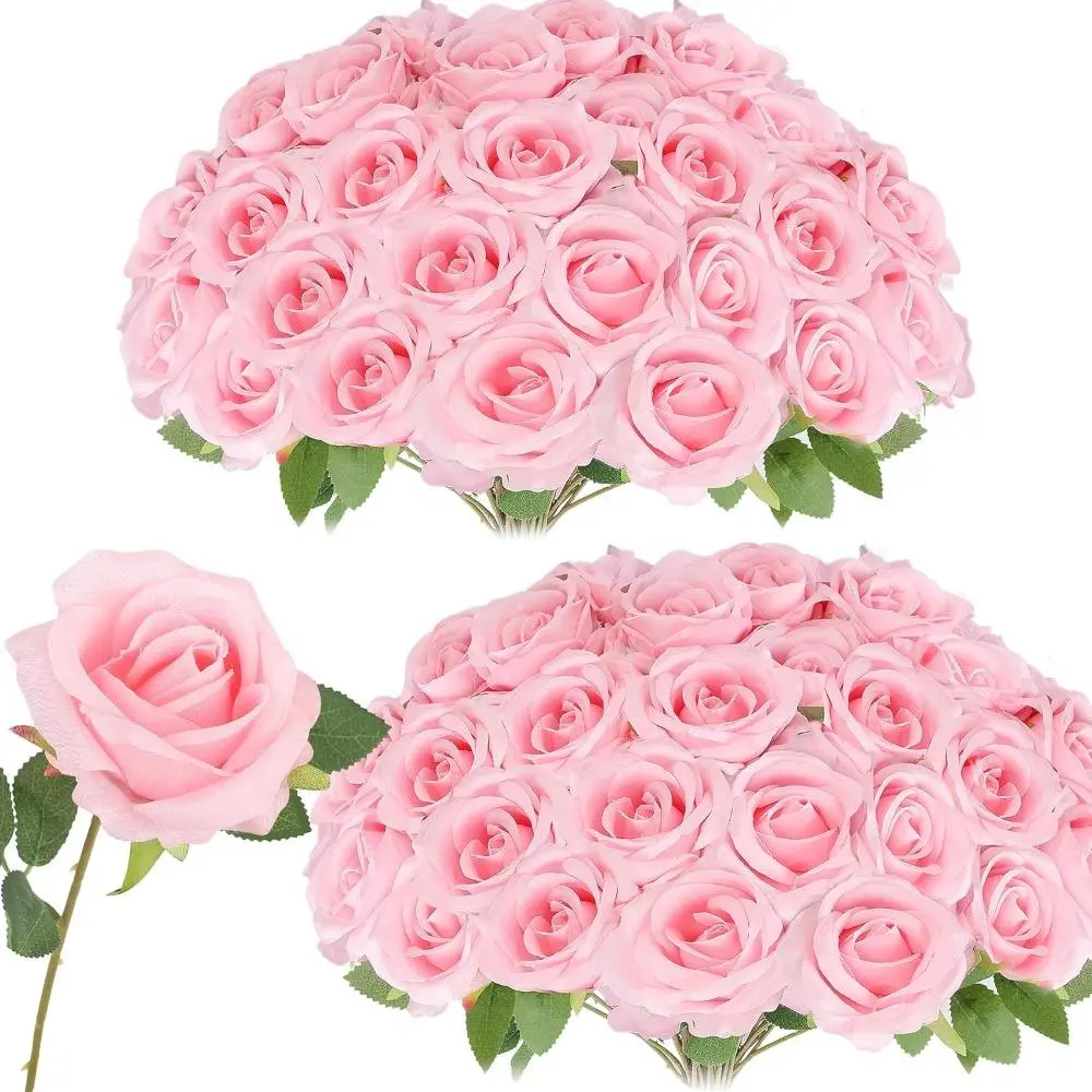 FAVOWREATH 48-Piece Silk Artificial Rose Flower Bouquet, Long-Stem High-Simulation Real-Touch Decorative Bouquet Flowers, Floral Arrangement Centerpiece for Wedding, Valentine's Day Decorations