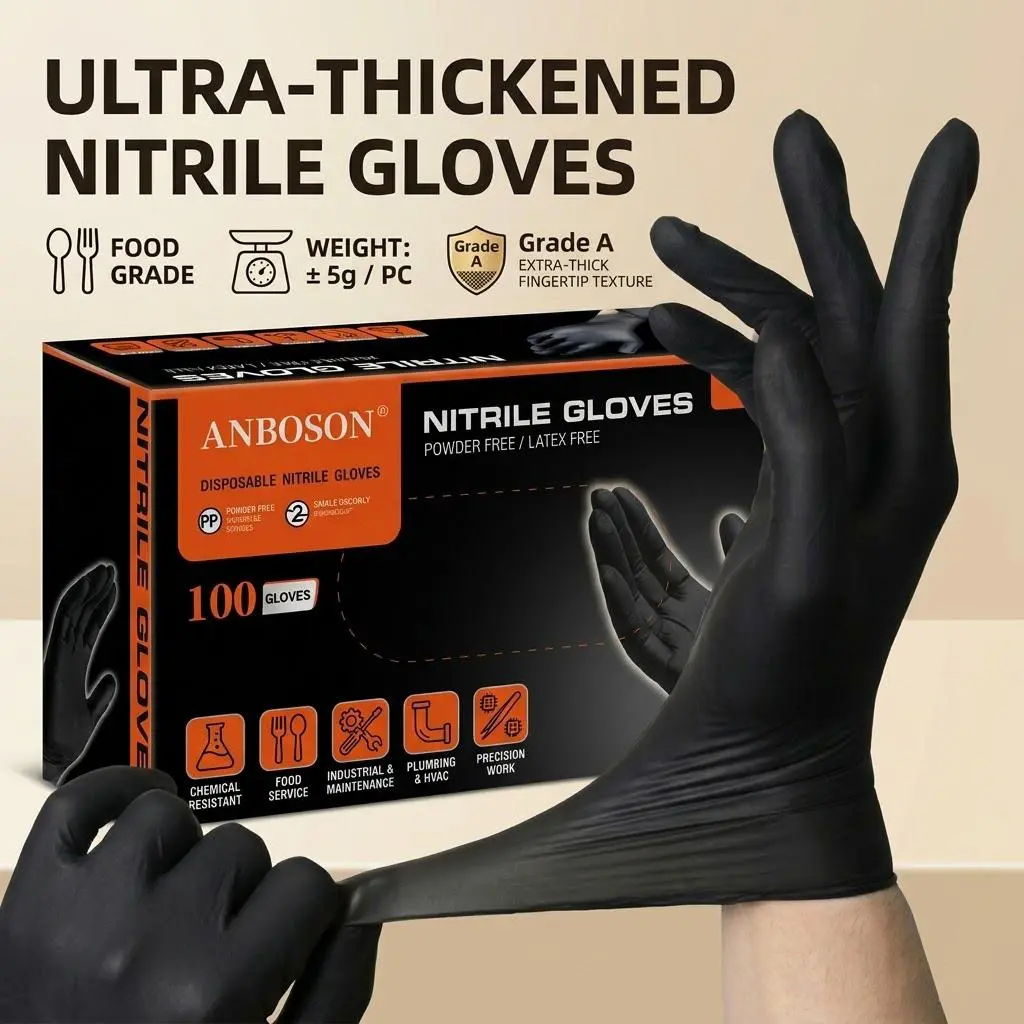 Disposable Black Nitrile Gloves with Box - Thick, Comfortable, Waterproof, Durable, High Elasticity, Oil-Resistant for Sports & Outdoor Use, Kitchen Catering, Dishwashing
