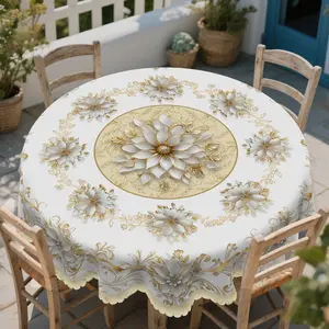PLUMLIK Luxury Vintage Floral Tablecloth, Round / Rectangle Table Cover With Gold Outlined Magnolia & Scrollwork, Polyester Waterproof, Suitable For Formal Dinner, Holiday Gathering, Patio Brunch, Living Room Decor, Durable And Washable