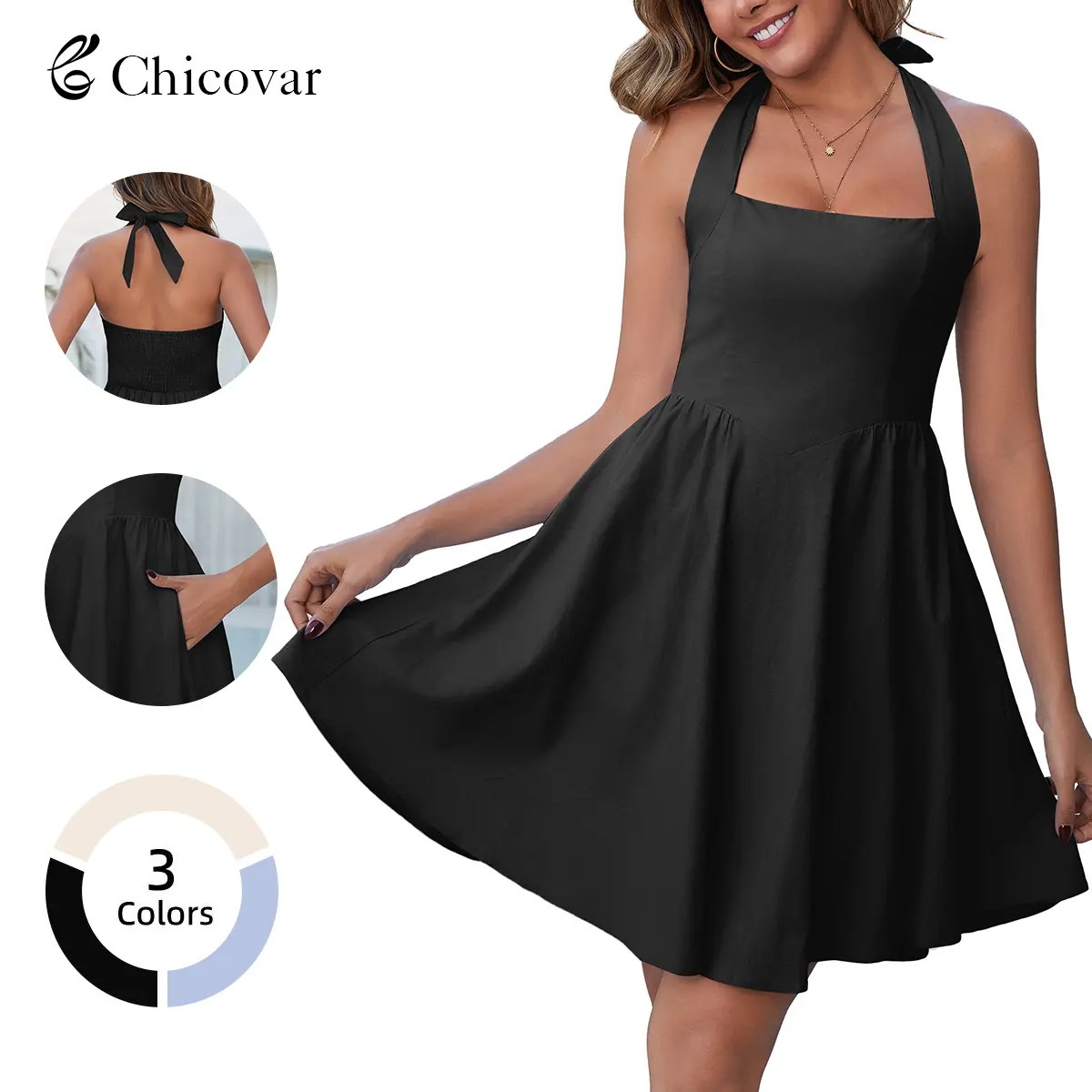 Chicovar Women's Halter Backless Mini Dress Summer Flowy A-Line Dress Smocked Waist Sleeveless Skater Dress with Pockets for Beach Vacation Casual Party, Summervibes