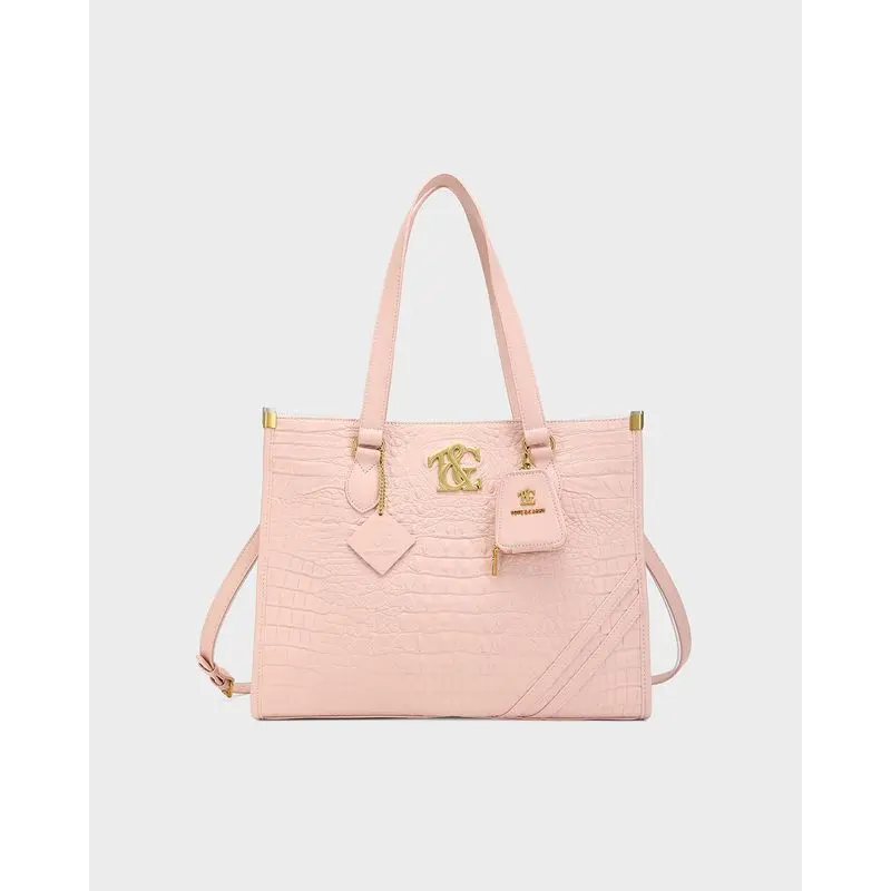 Women's Modern PU Leather Cityscape Tote Bag, Baby Pink, Graceful Design with Divided Compartments for Laptop Carry