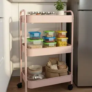 Three-layer metal multi-functional rolling trolley with lockable casters, easy to assemble, suitable for offices, bathrooms, kitchens, and dressing rooms. space-saving storage  Miniature Storage home organization rack kitchen bathroom baby organizer