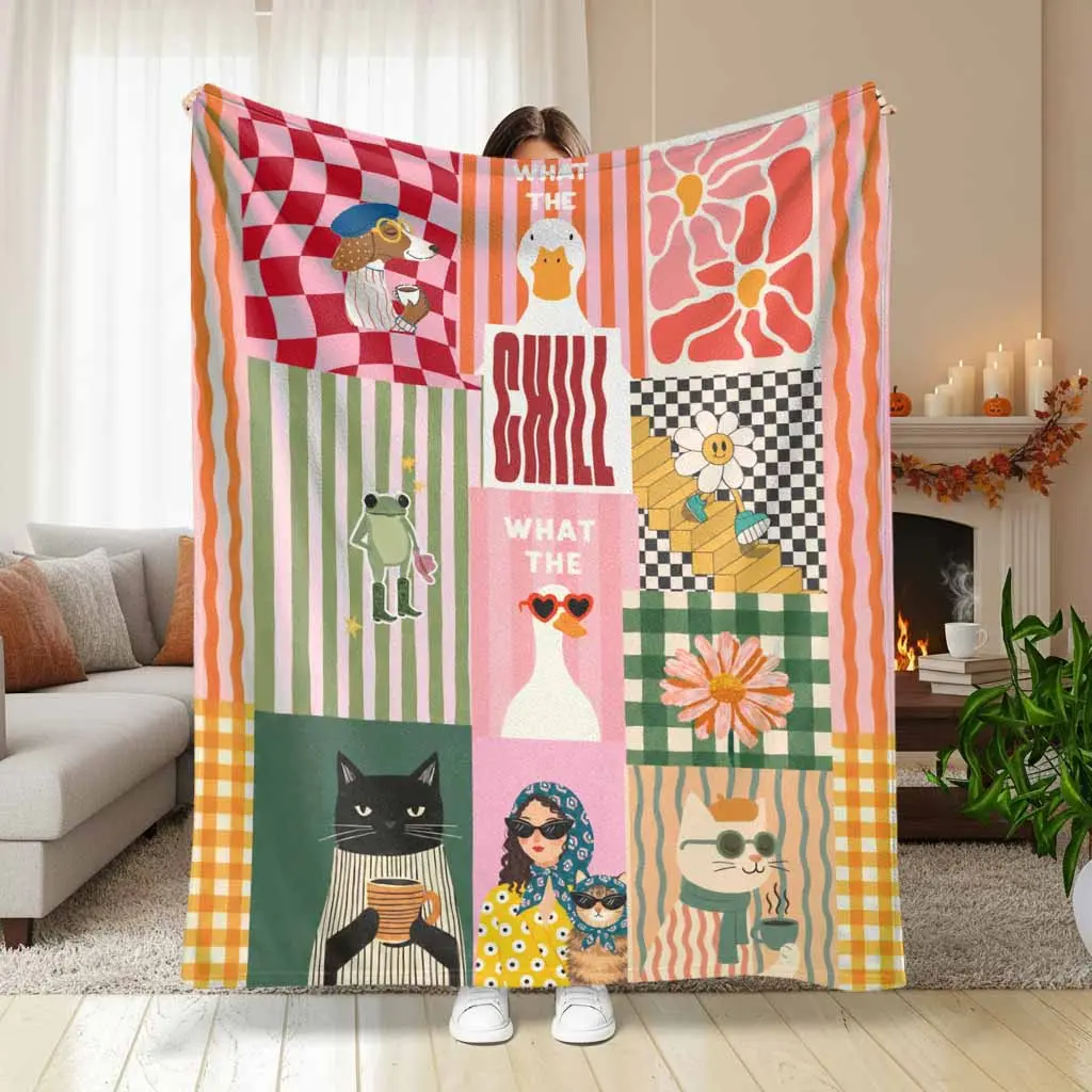 Whimsical Aesthetic Animal Flannel Blanket - Retro Groovy Checkerboard, Daisy & Funny Goose Patterns, Ultra Soft Lightweight Warm Plush Throw for Living Room, Birthday & Housewarming Gift for Friends, All-Season Use