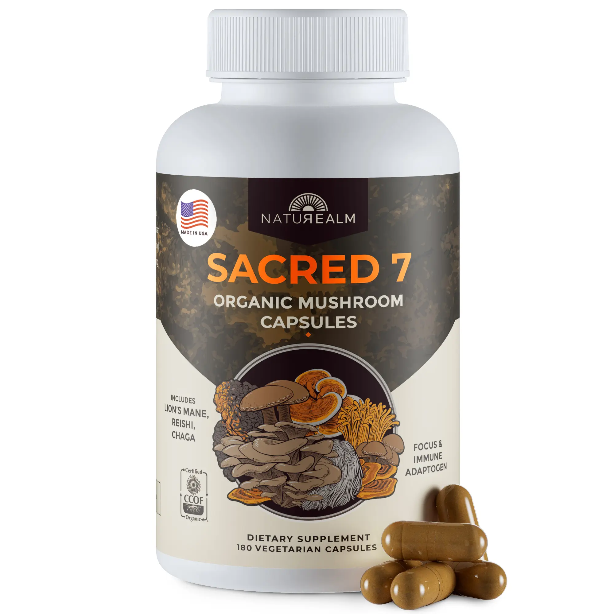 Naturealm Sacred 7 Mushroom Extract Capsules – 7-in-1 Lion's Mane, Reishi, Chaga Blend – 1000mg Fruiting Body Extract – 90 Vegetarian Capsules, Vegan Non-GMO