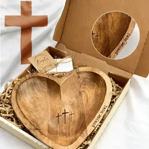 Handcrafted Vintage Prayer Bowl, Wooden Heart Shaped Prayer Bowl with 24 Prayer Cards, Cross & Letter Pattern, Religious Decorations Dough Bowls, Home Decor, Church Ornaments, Christian Gifts for Mother Women, Easter Sunday Gifts, Mother's Day Gifts
