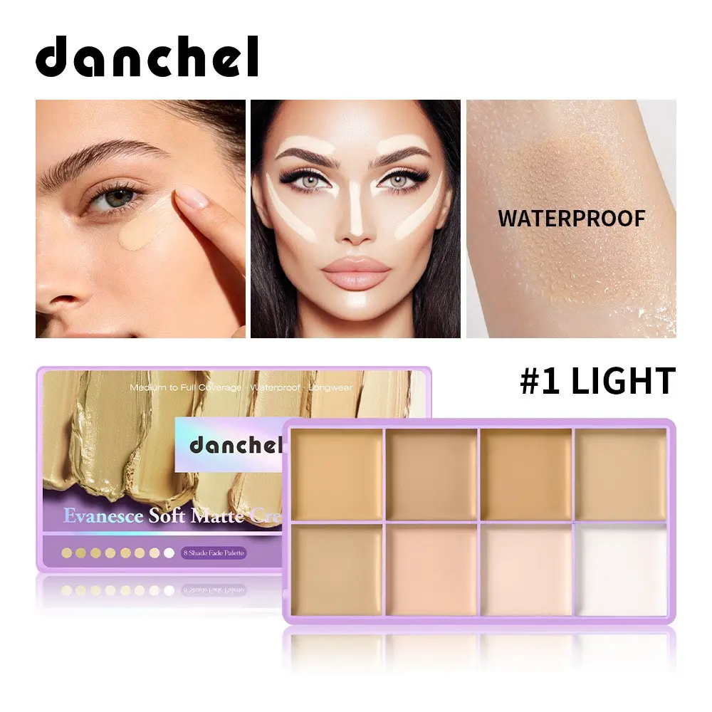Danchel 8 Color Cream Concealer Palette, Long-Lasting Waterproof Highlighter & Contour Kit, High Coverage, Moisturizing, All Skin Types