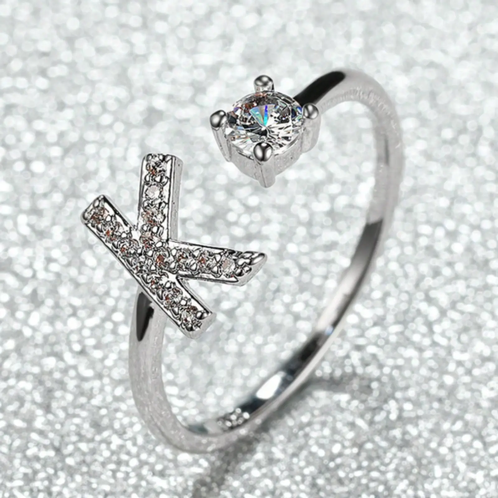 adjustable silver A-Z letter ring suitable as a gift for girlfriend, birthday, valentine's day