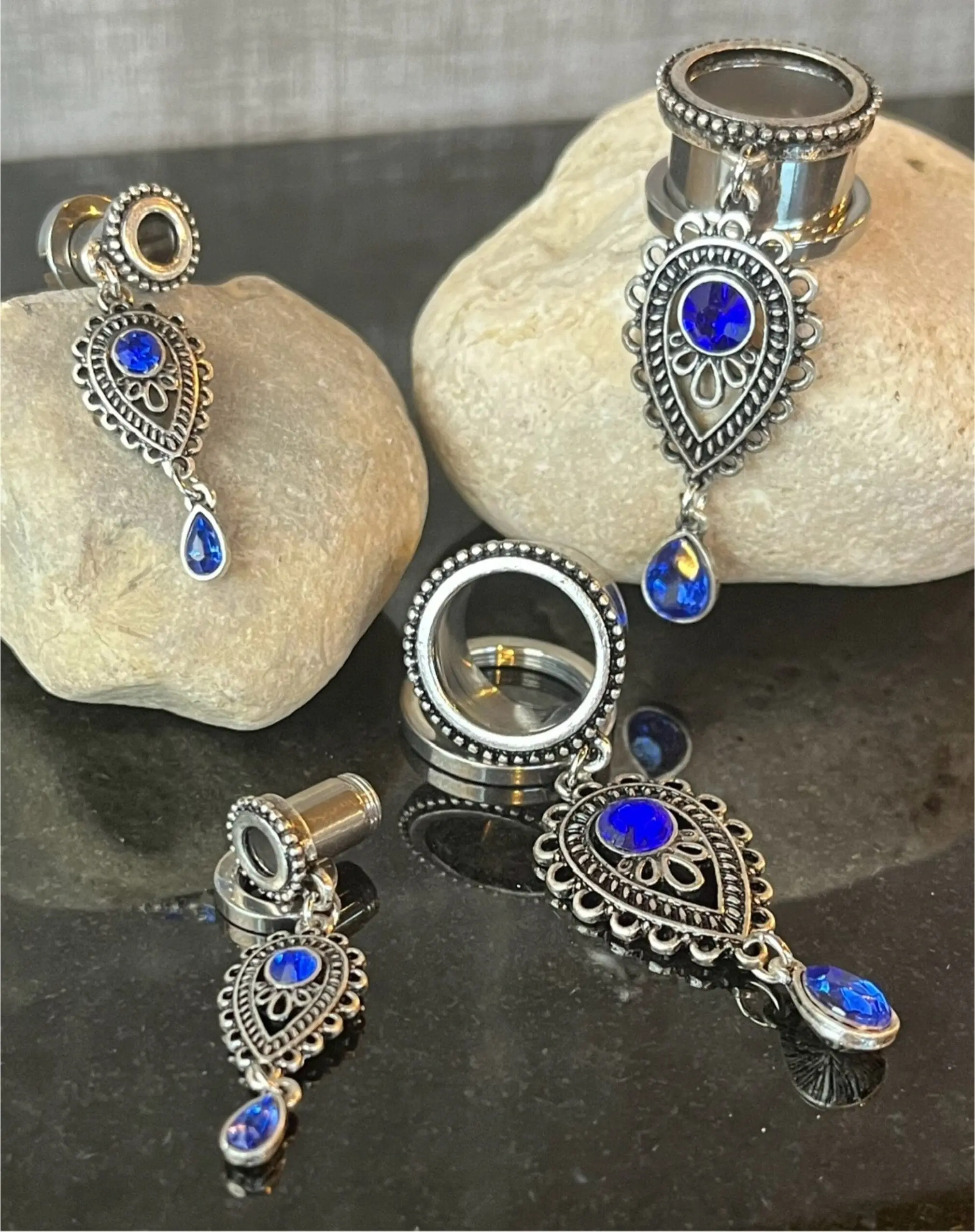 PAIR of Unique Blue Glass Gems Teardrop Dangle Screw Fit Tunnels/Plugs - Gauges 2g (6mm) thru 5/8" (16mm)