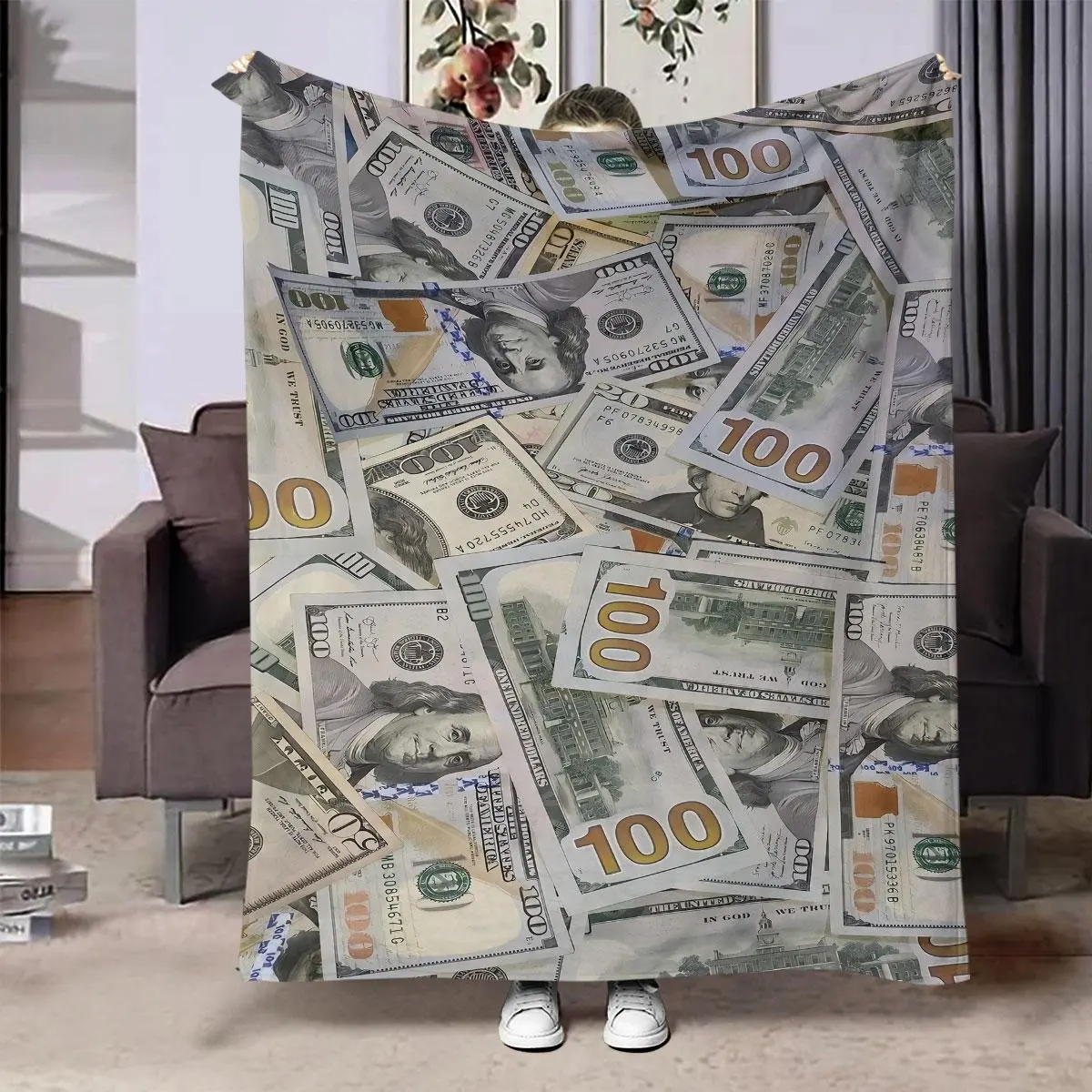 Banknote Pattern Flannel Blanket, 1 Count Soft Comfortable Throw Blanket, Air Conditioning Blanket for Home Bedroom Living Room Sofa, Cozy Throw Blanket, Blanket for Couch