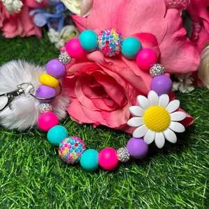 Cotton candy bloom wristlet keychain color scheme purple, yellow, pink, turquoise and bling  beads made with wire