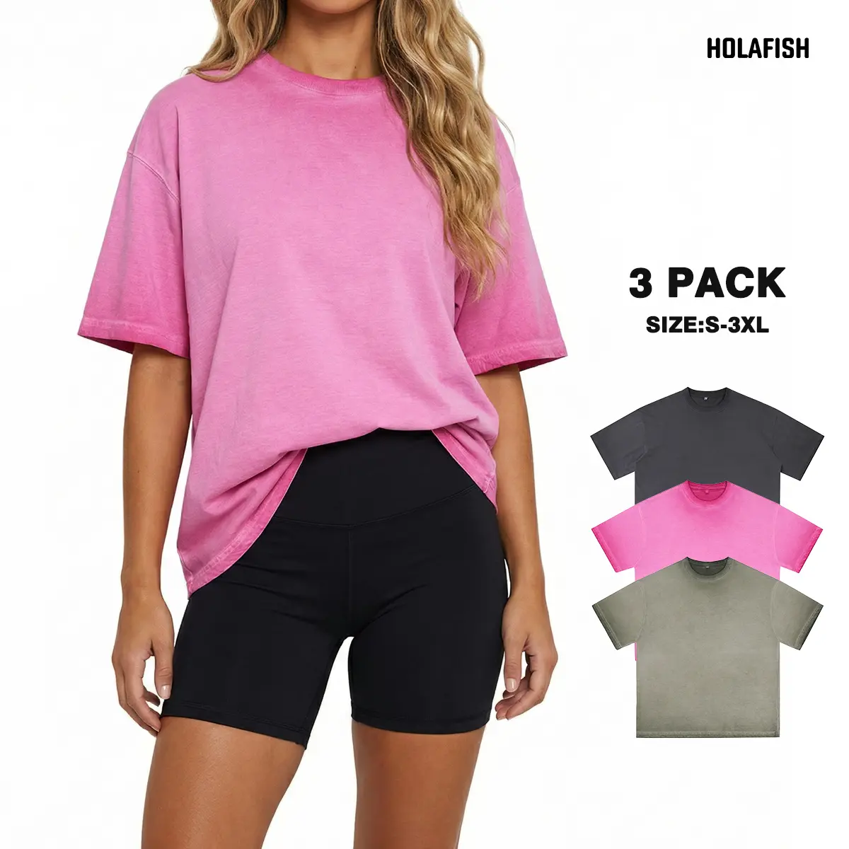 Holafish Women's Vintage Washed Gradient T-Shirt - Casual Short-Sleeve Streetwear Top, 100% Soft Cotton, Relaxed Fit (1/3 Pack) for Everyday Wear