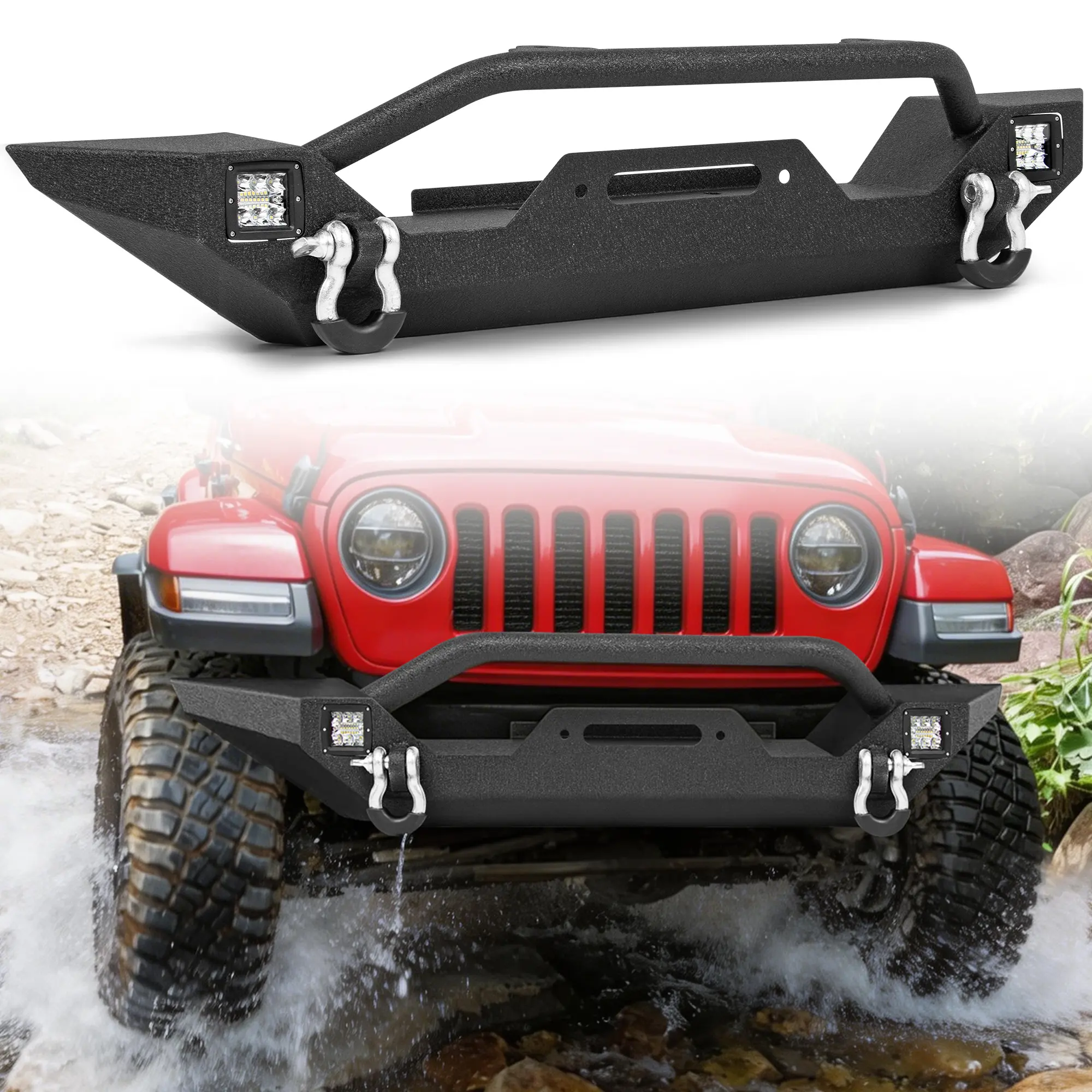 MONOKING Front&Rear Bumper for Jeep Wrangler TJ YJ 1987-2006, Heavy-Duty Carbon Steel Full Width Bumper with 2" Hitch Receiver, LED Lights, and D-Rings