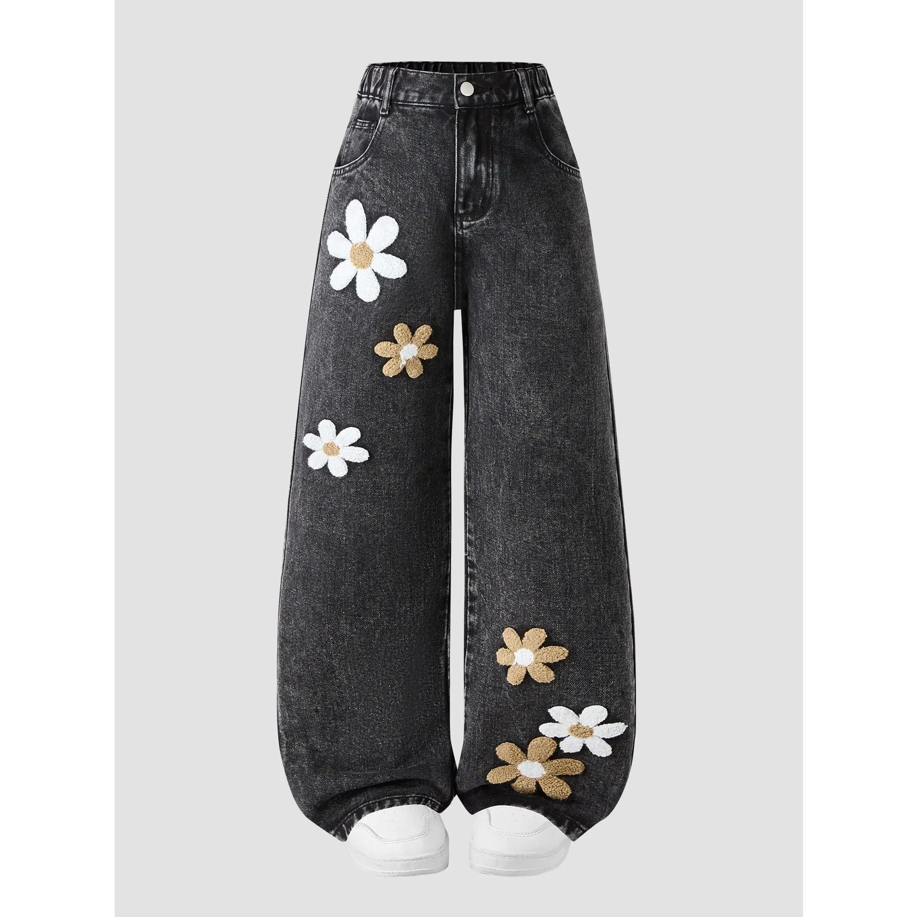 Girls' Embroidered Wide-Leg Full-Length Faux Denim Polyester Pants - Towel Embroidery, Elastic Waistband, Casual Kids' Clothes for 9-10Y, 11-12Y Teens, Embroidered Bottom