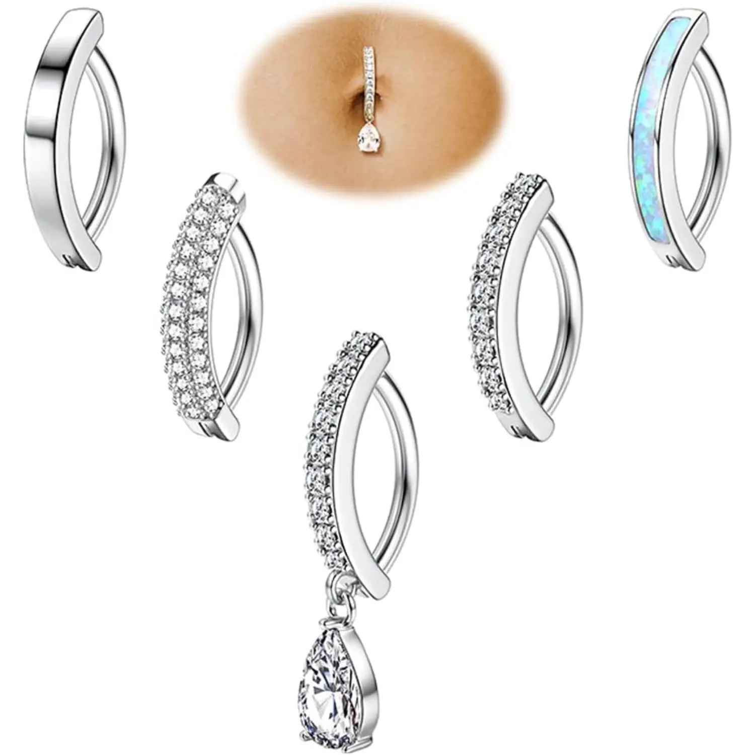 Sanfenly Women's 5Pcs 14G Minimalist Opal Belly Button Rings Set, Silver-Gold Hypoallergenic Body-Safe Piercing Jewelry, Dainty Gemstone Hoop CZ Clicker Accessories for Everyday Wear