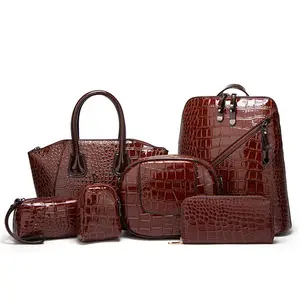 6pcs PU Crocodile Embossed Women's Bag Set, Includes: Backpack, Tote Bag, Shoulder Bag, Clutch, Keybag, Wallet