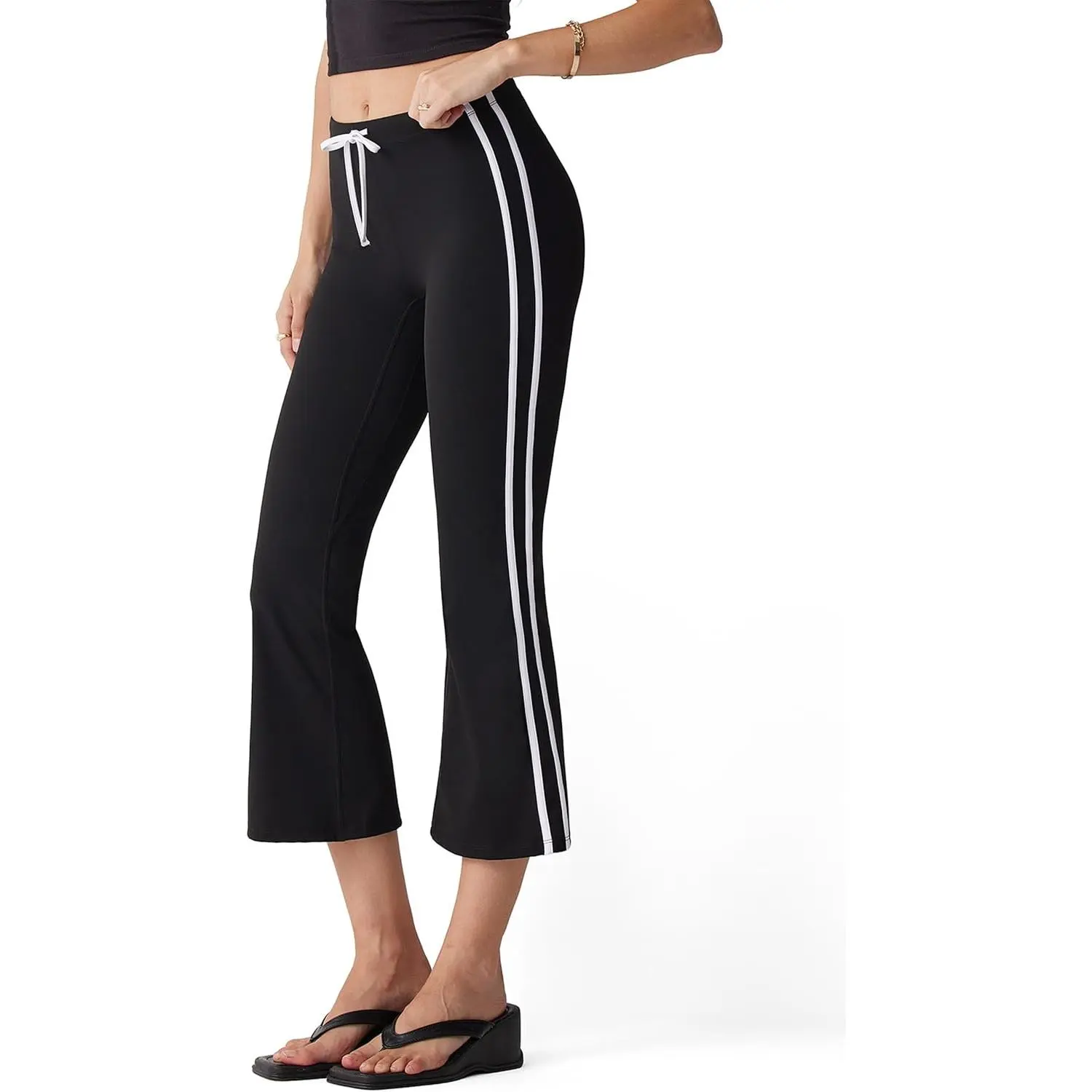 MOOSLOVER Women's High-Waisted Tummy Control Capri Yoga Pants, Elastic Stretch Flare Cut Side Stripe Drawstring Bootcut Cropped Yoga Wear, Multi-Size