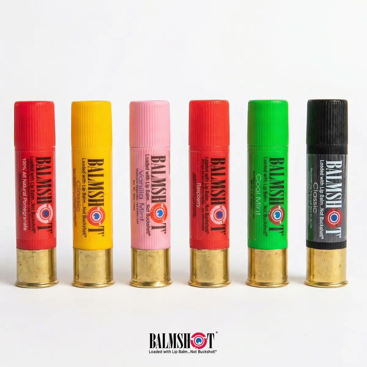 BALMSHOT 6 PACK Variety Bundle - (SAVE 20%) - Try all our flavors and designs! - Made in the USA - All natural, Beeswax, SPF 15, Real Shotgun Shell design, Vitamin E, Moisturizing