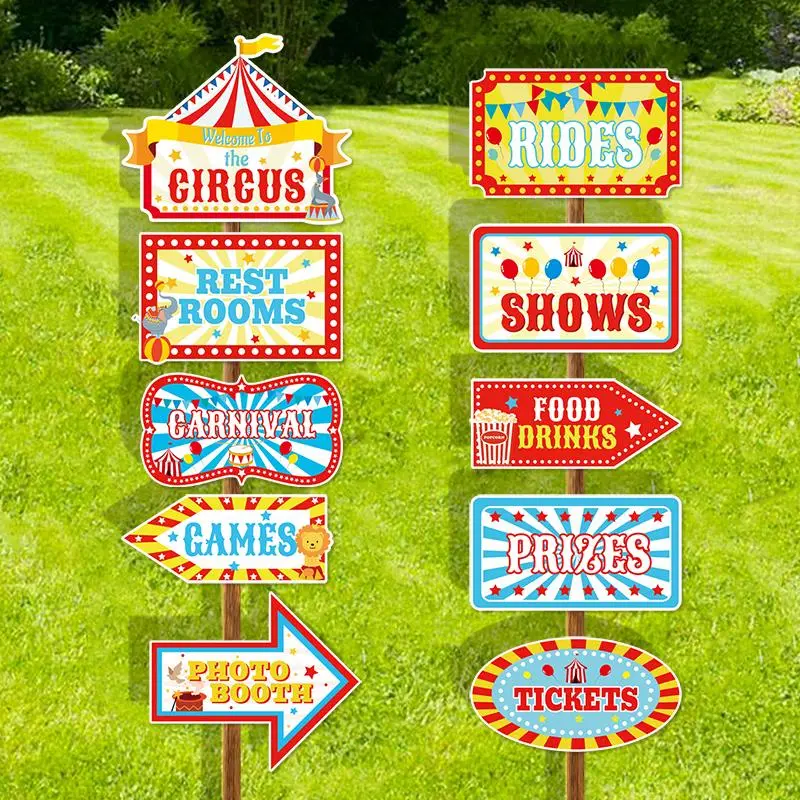 Carnival Party Direction Signs, 10pcs/set Circus Welcome Signs, Outdoor Party Decoration Accessories, Yard Sign, Home Decor for Birthday Showman Themes Party, Ornaments, Decorative Plaque, Outdoor Plaques, Signage