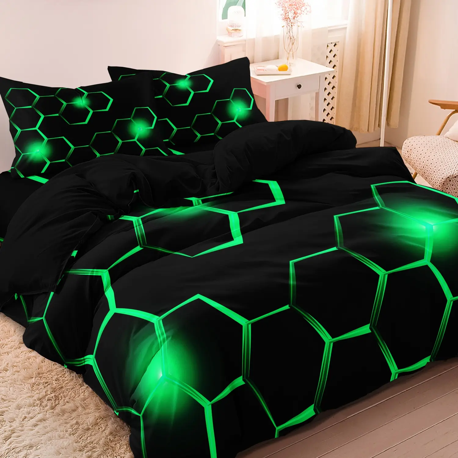 3Pcs Red and Blue Black Geometric Honeycomb Pattern 3D Printed Glow Dark Decorative Duvet Cover Set - Soft Comfortable Machine Washable Duvet Bedding Set For Bedroom, Guest Room Comfy Bed Sets - 1*Duvet Cover + 2*Pillowcases (No Comforter)