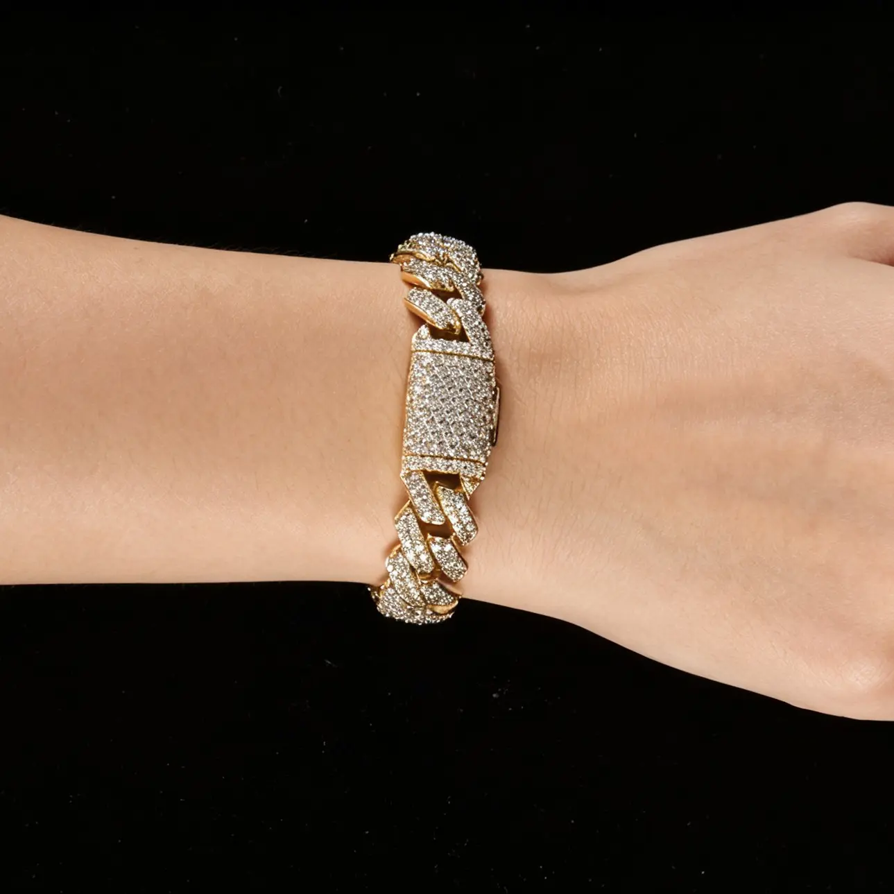 14MM 14K Real Gold Plated Double Row Cubic Zirconia Cuban Link Bracelet  Iced Out Hip Hop Jewelry , Bling Miami Curb Chain Wrist Bracelet With Full Stone Setting