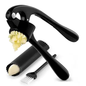 Garlic Press Set - Rust Proof & Dishwasher Safe Professional Garlic Mincer Tool - Easy-Squeeze, Easy-Clean with Soft, Ergonomic Handle - Silicone Garlic Peeler & Brush (Black)