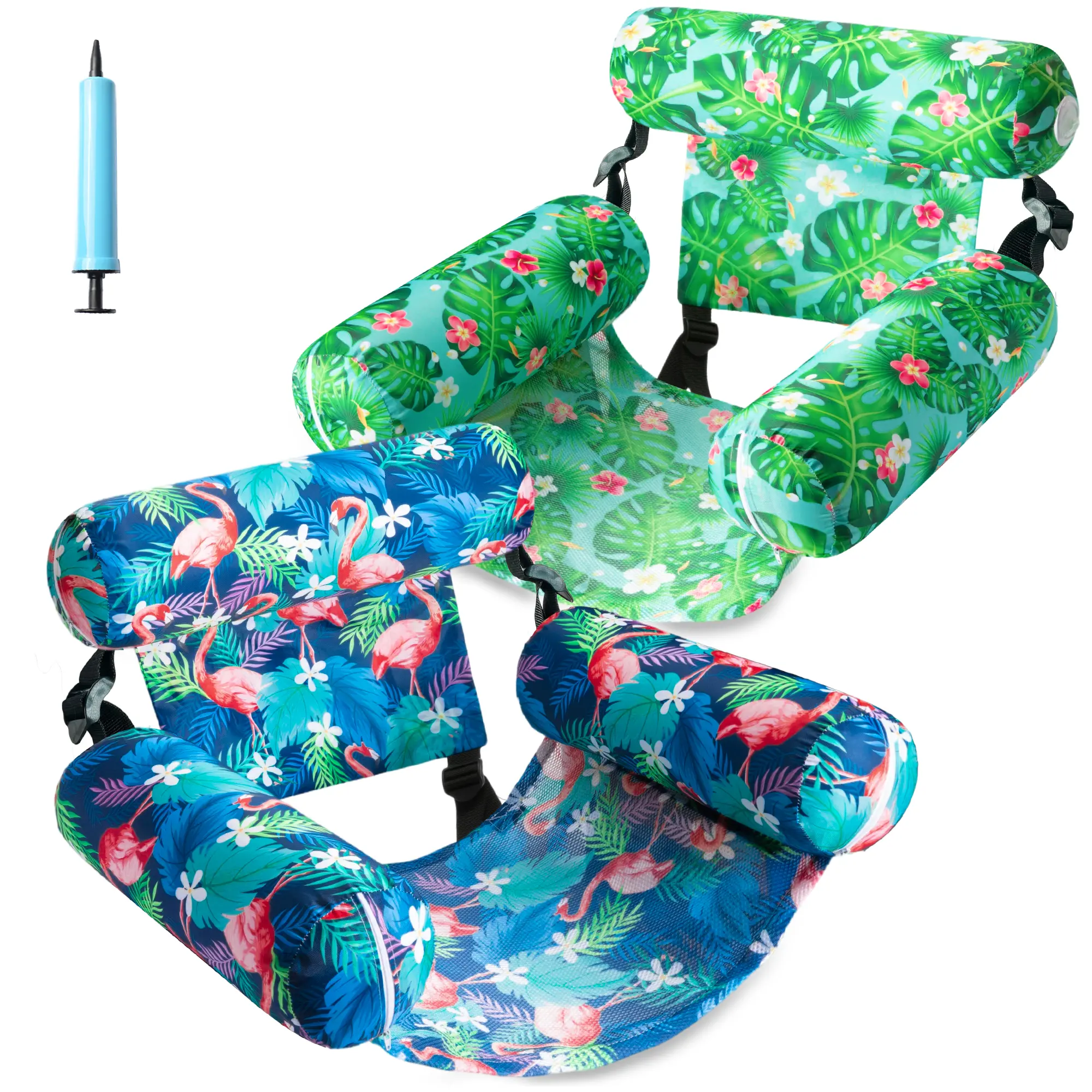 Inflatable Pool Floats Chairs Adult, 2 Pack Fabric Pool Chair Floats Adult, Pool Floats Seat for Pool Party Summer Water Fun (Green & Flamingo) Pool Floaters pool floats for adults