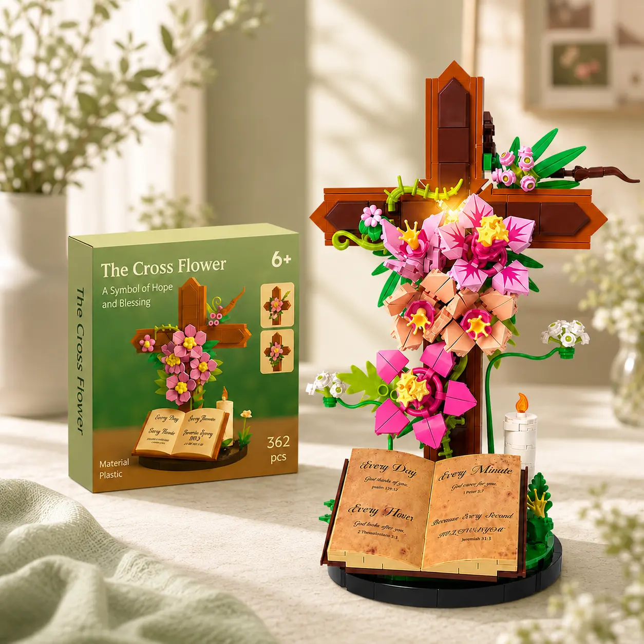 Cross Flower Building Set for, Christian Floral Brick Model for Home Decor, Religious Home Desk Decor, Christian Gift for Easter, Inspirational Prayer Room Decor